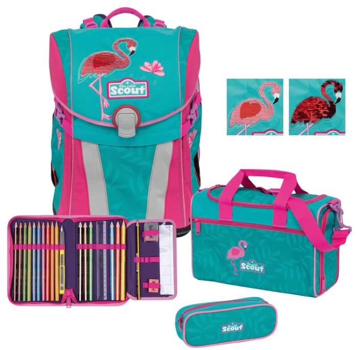 Scout Sunny Premium Set 4tlg Glitter Flamingo mit Wechselbild aus Pailletten - Schulranzen Trends 2020