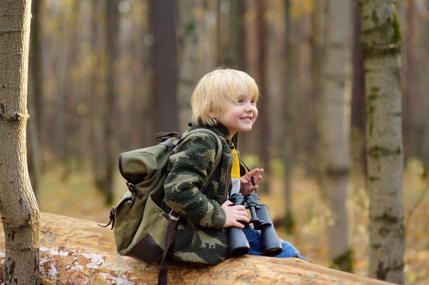 Kind mit Wanderrucksack sitzt im Wald auf einem Baumstumpf - Hochwertige Wanderrucksäcke gibt es auch für Kinder